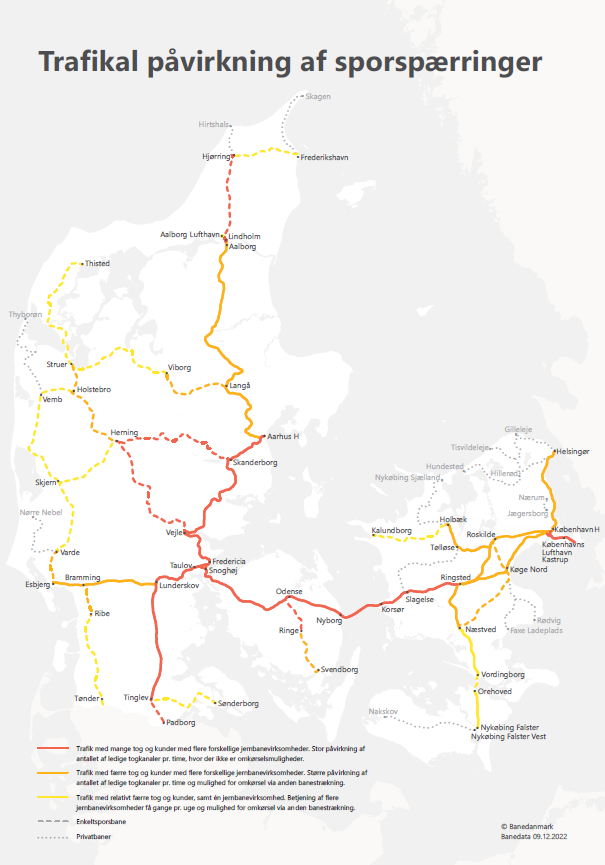 Billede af den trafikale påvirkning af sporspærringer i Danmark. 