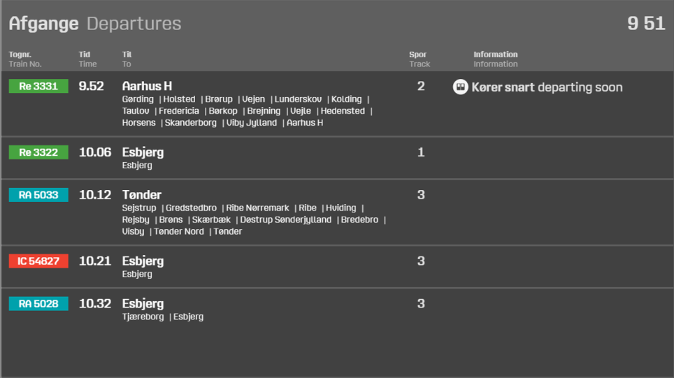 Natvisning af afgangsskærm