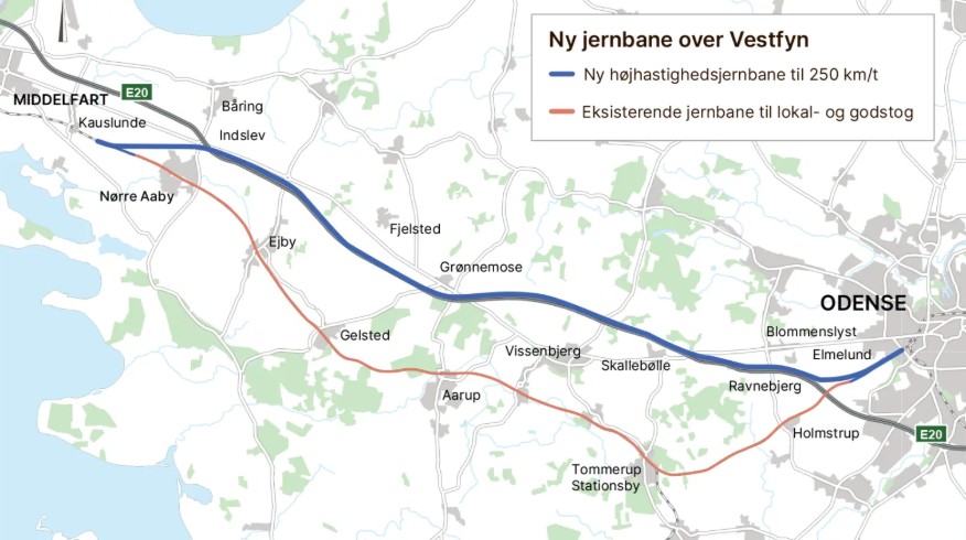 Landkort over den nye jernbane over Vestfyn. Kilde: Vejdirektoratet