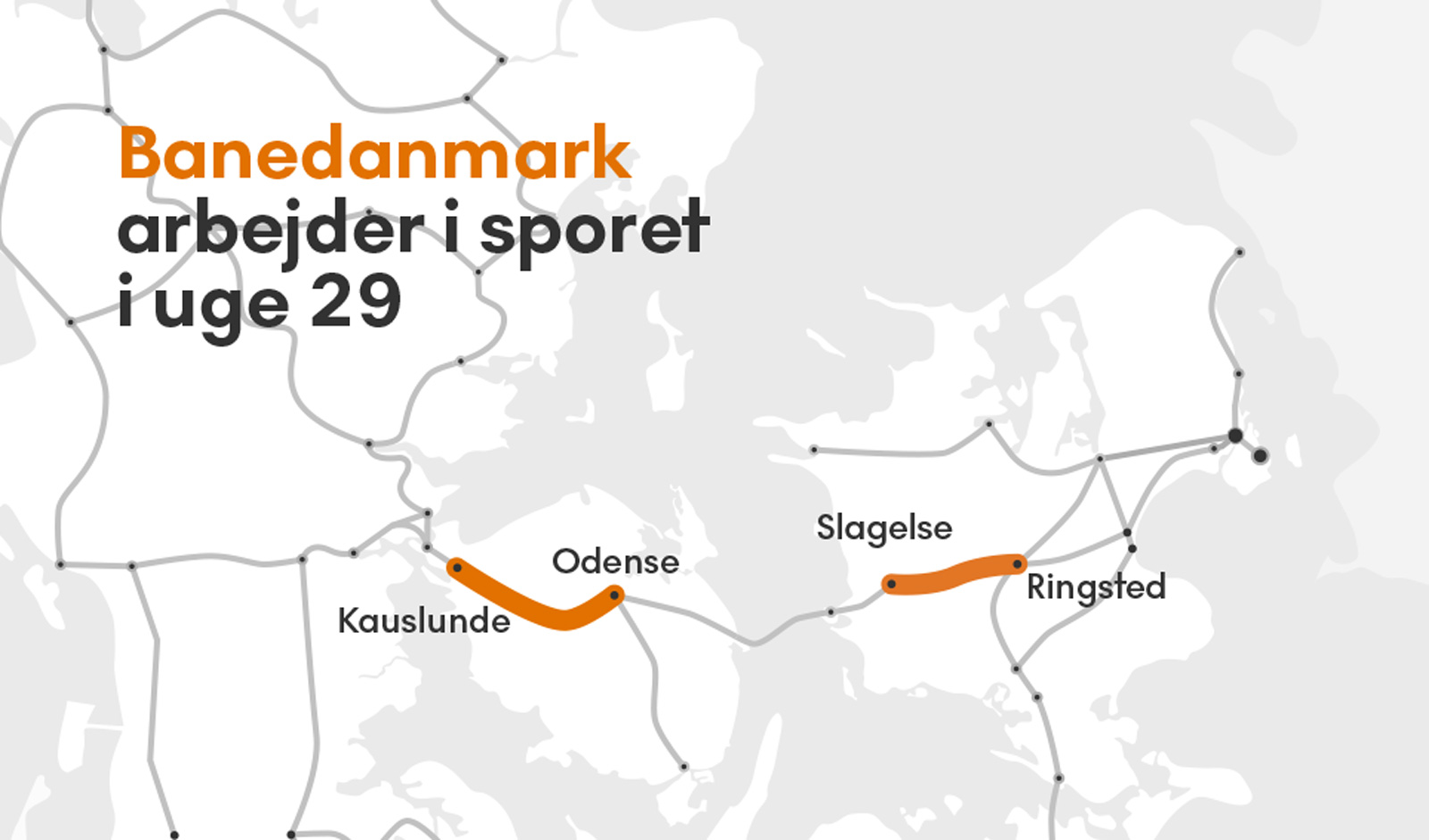 Kort, der viser, hvor Banedanmark arbejder i sommeren 2026
