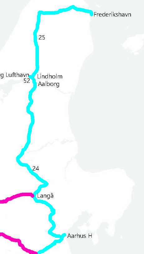 Kort over Danmark med jernbanestrækninger markeret i forskellige farver.